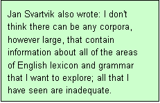 Textové pole: Jan Svartvik also wrote: I don't think there can be any corpora, however large, that contain information about all of the areas of English lexicon and grammar that I want to explore; all that I have seen are inadequate.